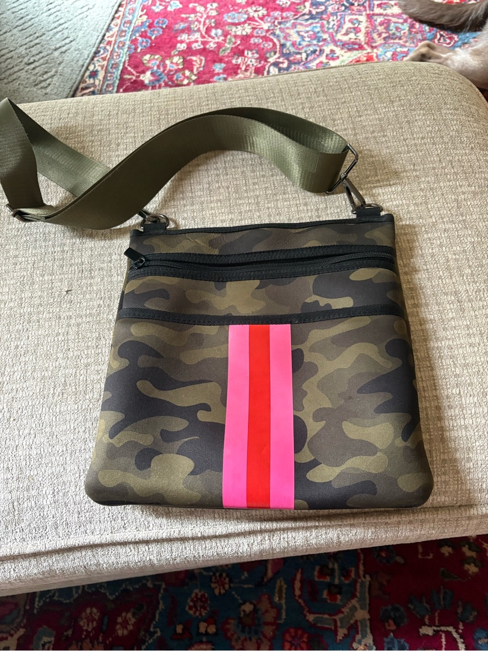 Haute Shore Camouflage Crossbody Bag with Pink & Red Stripe